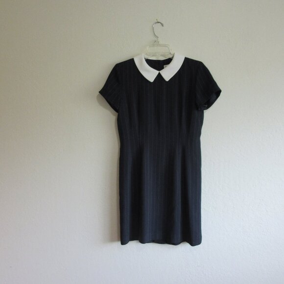 ANN TAYLOR Black Stripe Size 4 Collar Back Button Closure Career Dress - Picture 1 of 4